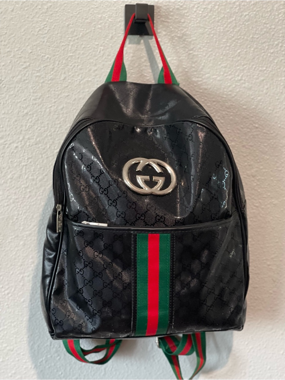 Gucci Black GG Patent Mini Backpack with Red-Green Web Stripe